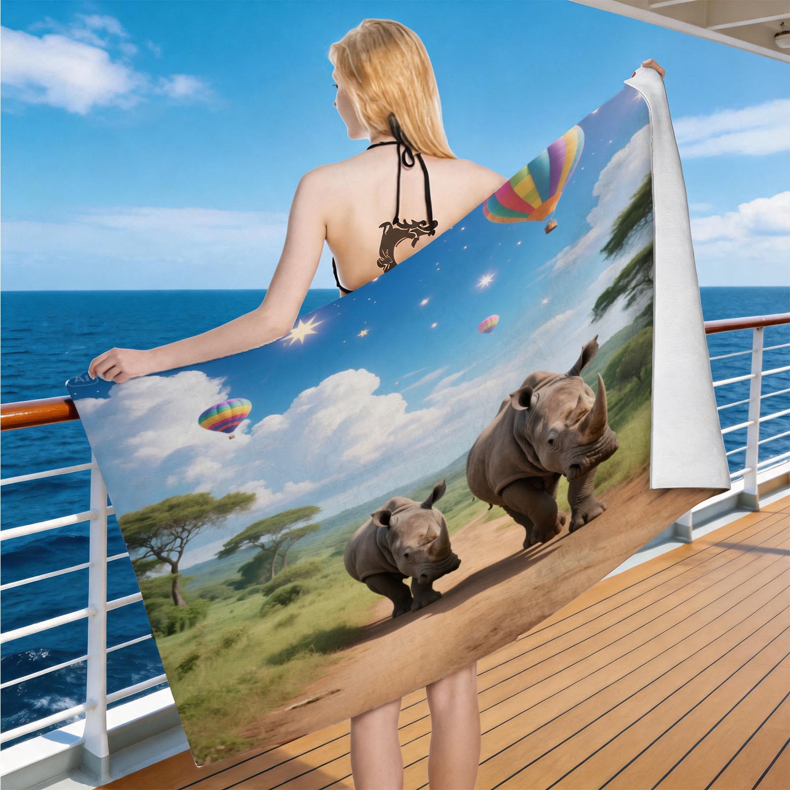 Hongduo Microfiber Quick Dry Beach Towel African Rhinoceros, 3D Hot Air Balloon Beach Towels Absorbent Fast Drying Bath Towels, Travel Camping Gym Swimming Bathroom (80x160cm)
