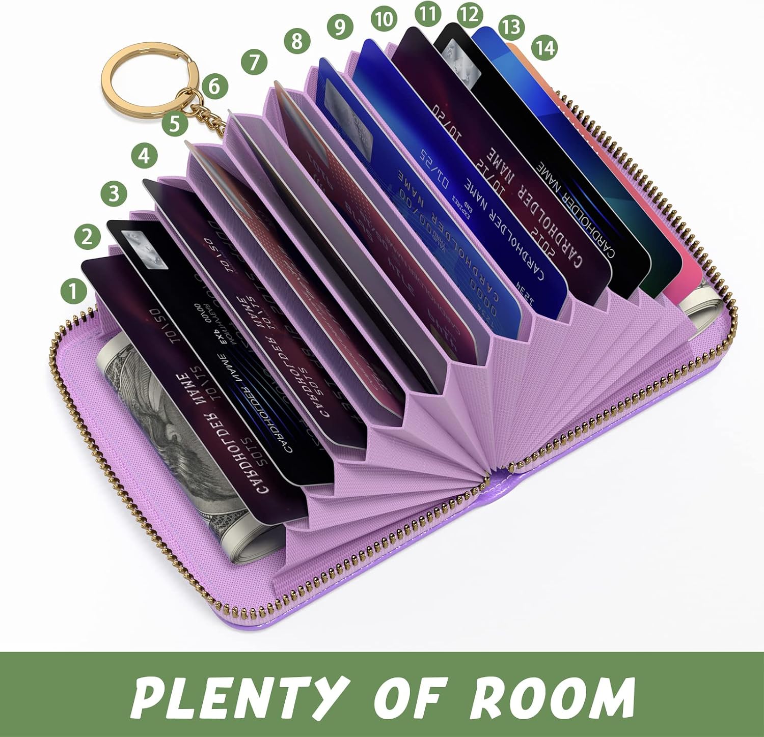 Aiawoxc Credit Card Holder for Women, Small RFID Card Wallet Slim Leather Business Card Organizer Case with Zipper & Keychain(Purple) image 3