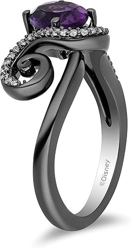Miniatura 3 de Jewelili Enchanted Disney Fine Jewelry - Anillo de plata de ley con forma ovalada de 0.315 x 0.236 in, amatista y diamante redondo blanco natural de