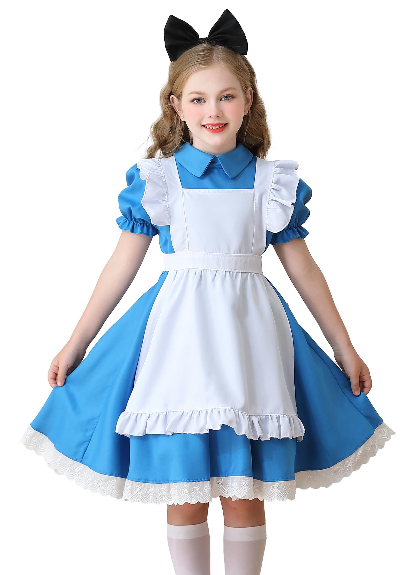 French Maid Dress with White Apron Bow Headwear for Girls Cosplay Dress Blue with Black Headwear 3-4 Years
