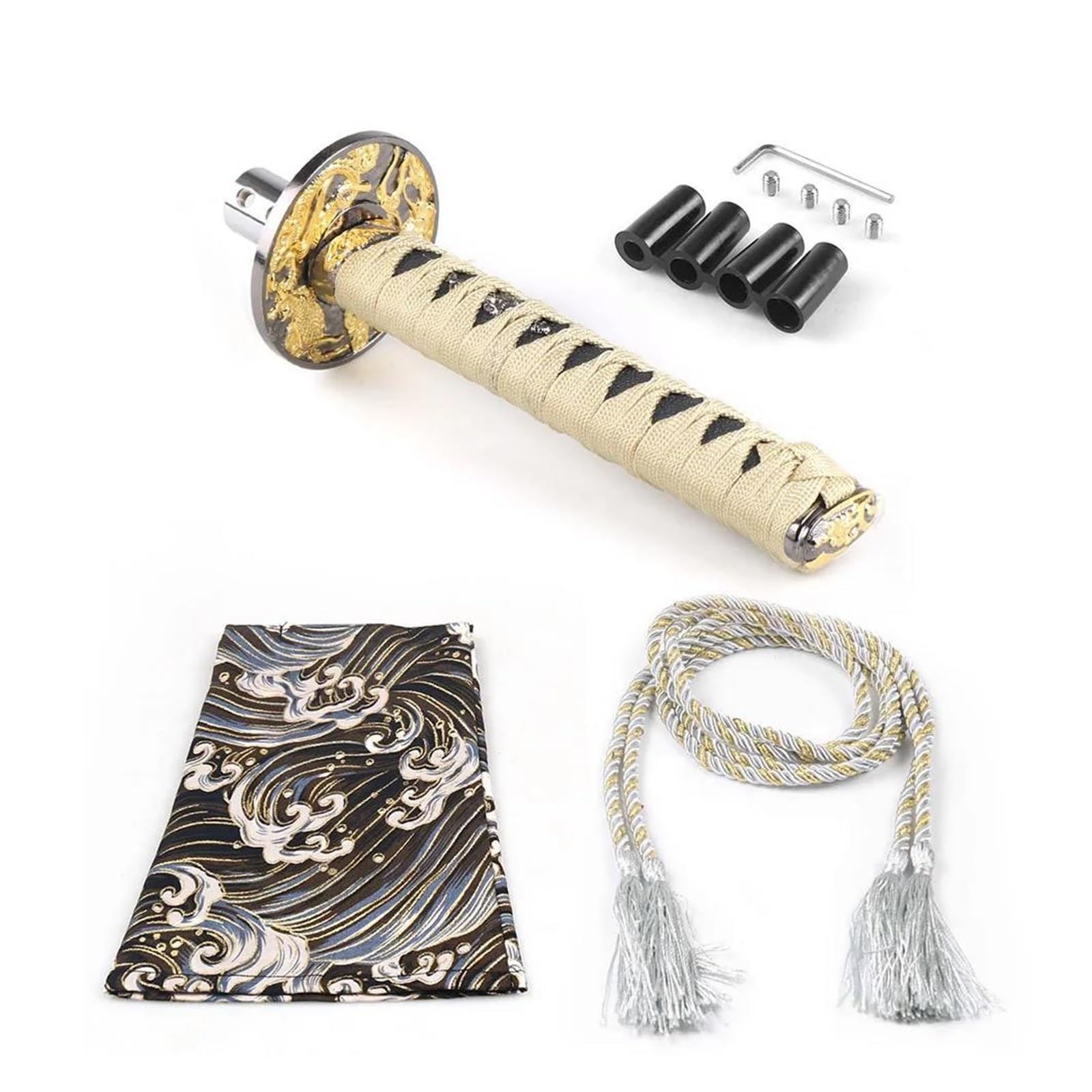 Pommeau Levier Vitesse Universel Katana Samurai Sword 200MM Avec Couvercle Anti-poussière Colliers Avec 4 Adaptateurs(Wit)