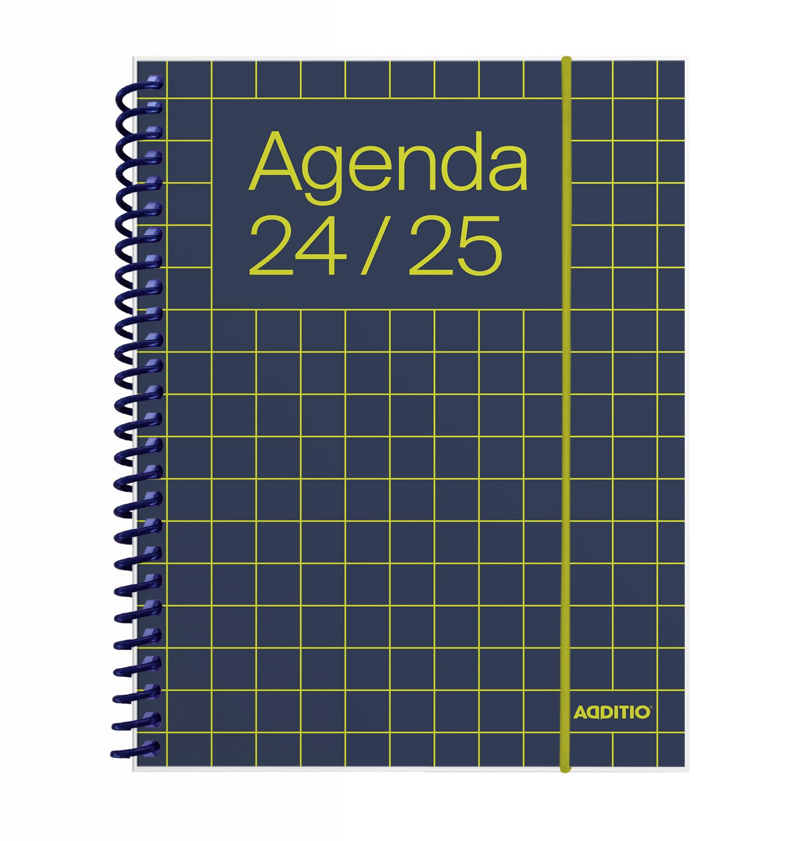 ADDITIO - Agenda escolar 2024-25 | Universal | Semana vista | De septiembre 2024 a julio 2025 | 12,5 x 17 cm | Cierre goma elástica | Porta-bolígrafos | Adhesivos | Español | Azul marino