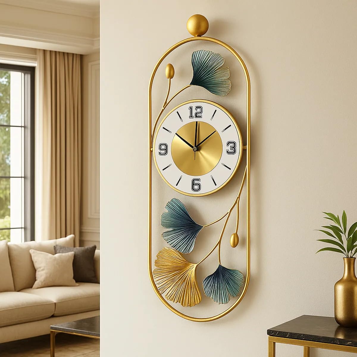 Luxury Metal Wall Clock for Living Room | Modern Ginkgo Leaf Decorative Wall Clock | Large Iron Wall Clock with Premium Finish | Home, Bedroom, Office & Hall Decor (Modal - 3)-image-0