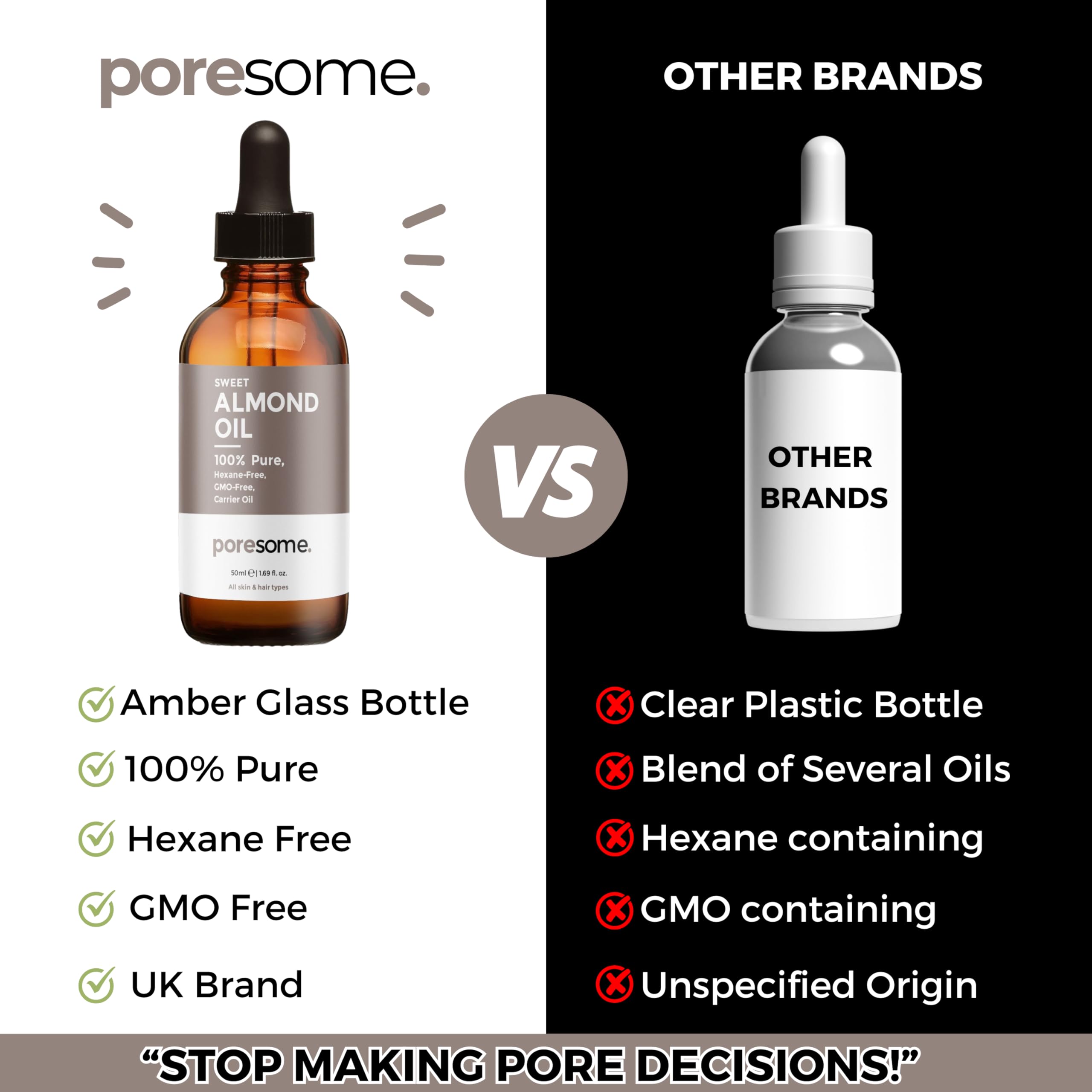 Poresome Sweet Almond Oil for Hair, Skin & Massage - 100% Pure, GMO Free, Hexane Free Carrier Oil - Vegan, Cruelty & Fragrance Free - UK Made - 50ml - Image 3