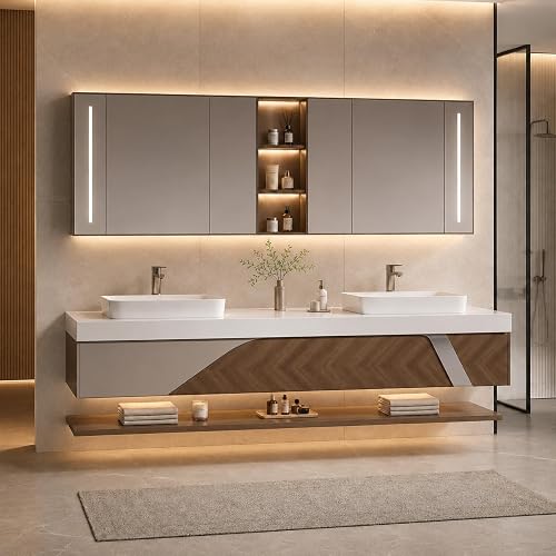 68 in Double Sink Floating Bathroom Vanity - Modern Wall Mounted Vanity with Smart Anti-Fog Mirror and Solid Wood Cabinet | Two Ceramic Sinks | Easy to Clean Seamless Design