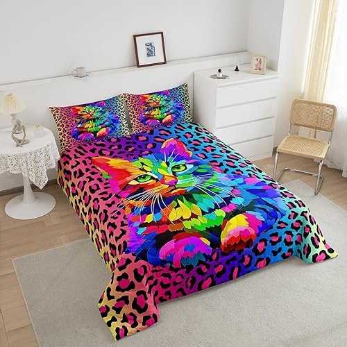 Miniatura 3 de Erosebridal Juego de edredón con estampado de leopardo, tamaño individual, juego de ropa de cama de gato teñido anudado arcoíris para niños y niñas,