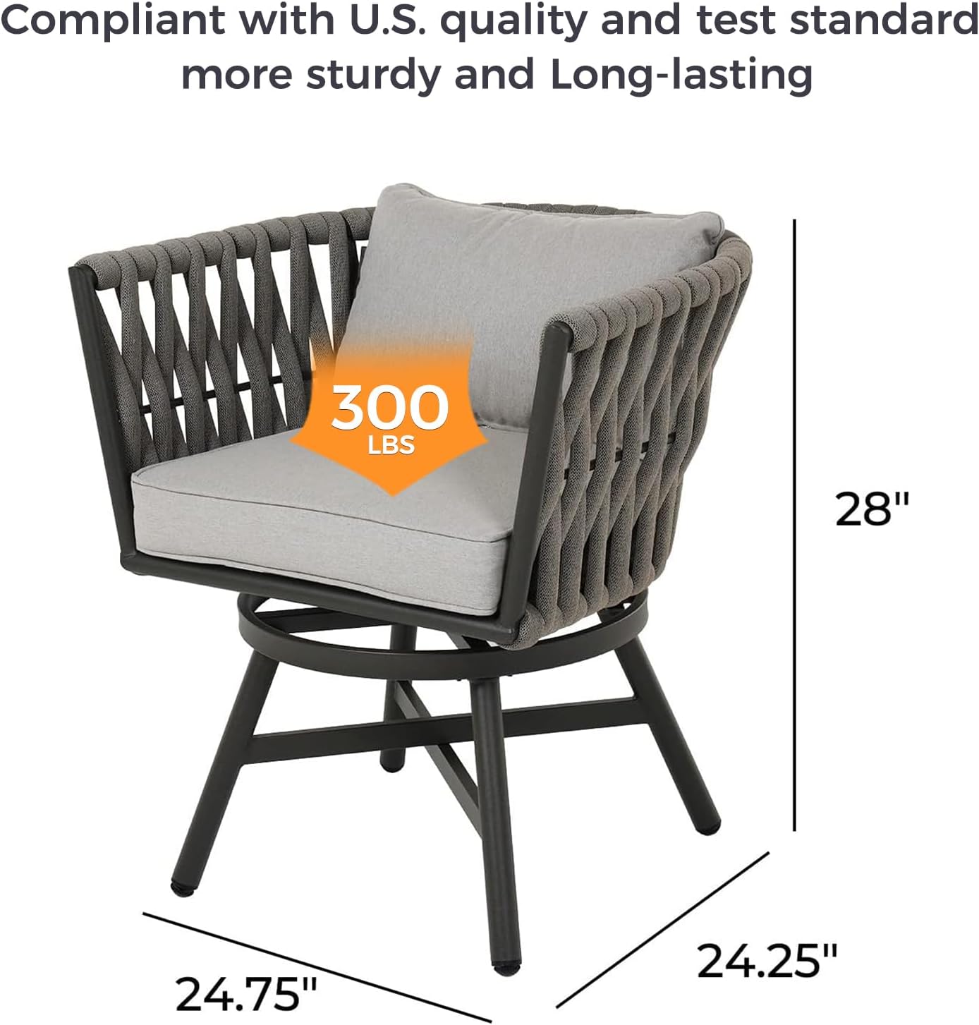 Grand patio Swivel Rope Wicker Chairs Set of 2, Patio Dining Chairs with Cushions, Wicker Armchairs Frame, Outdoor Modern Style for Backyard, Balcony, Quinn, Gray