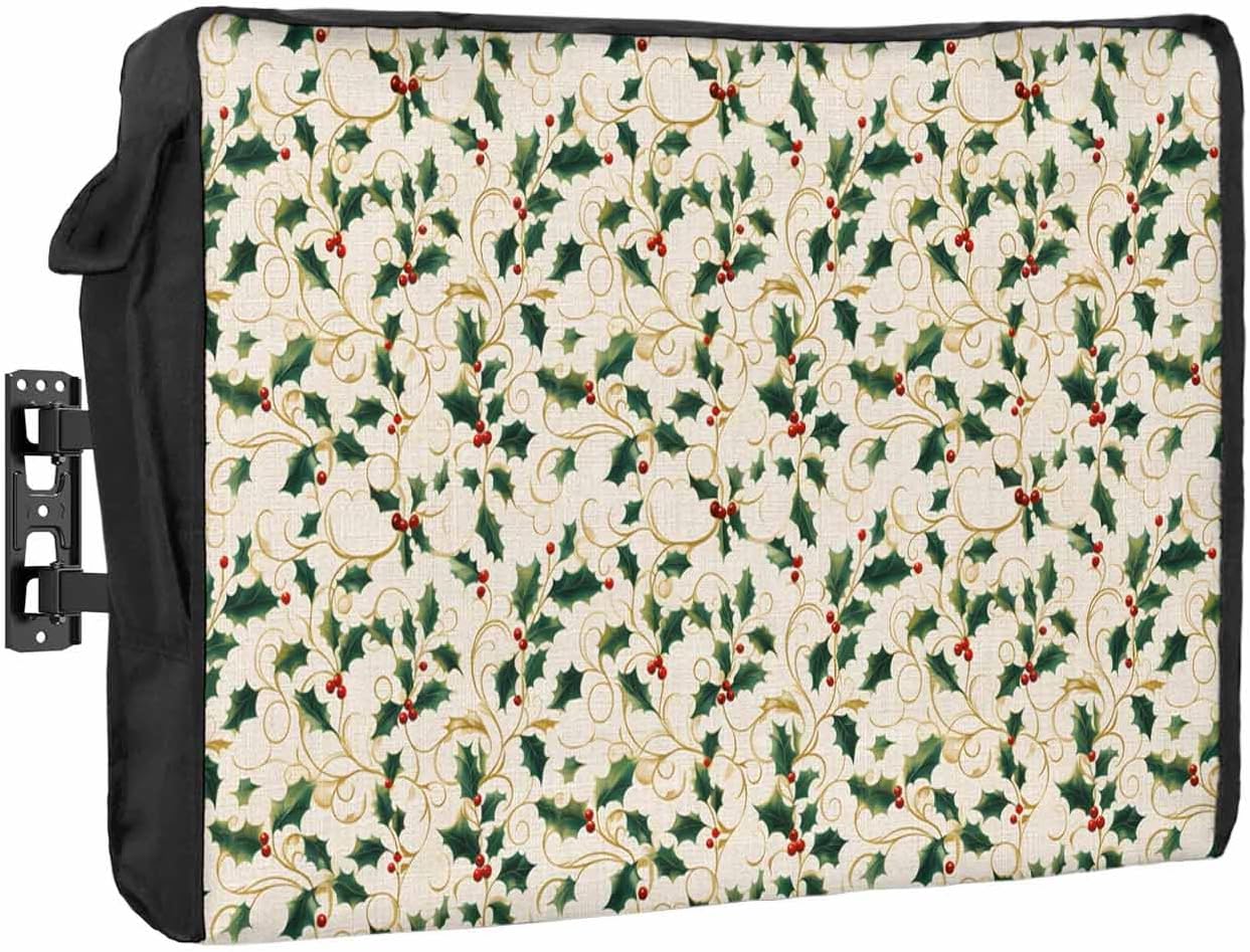 Christmas Green Yellow Berry Outdoor TV Cover 36"-39" - 600D Waterproof TV Cover Weatherproof TV Screen Protector Dustproof Winter Botanical Xmas Plants White TV Display Protector for Flat Screen TV