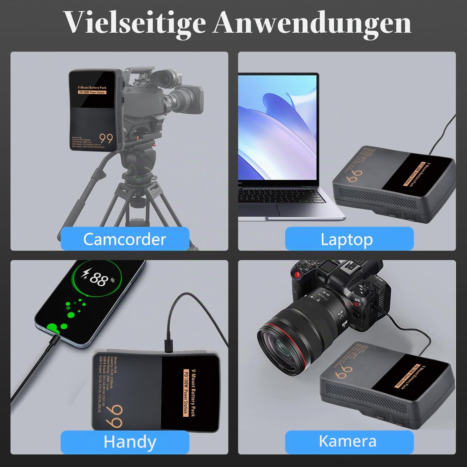 V Mount/V-Lock Akku 99Wh 6700mAh Mini V-Mount Batterie mit PD 100W USB-C Schnellladekabel und PD 65W Stecker für Camcorder, Kamera, Feldmonitor, Videolicht