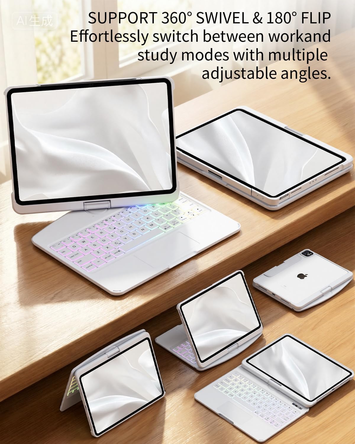 Keyboard Case for iPad Pro 11-inch (M5/M4 2025/2024), Wireless iPad Pro 11 Inch Case with Keyboard Multi-Touch Trackpad, Battery Level Visualization with 360° Rotatable & Pencil Holder, White