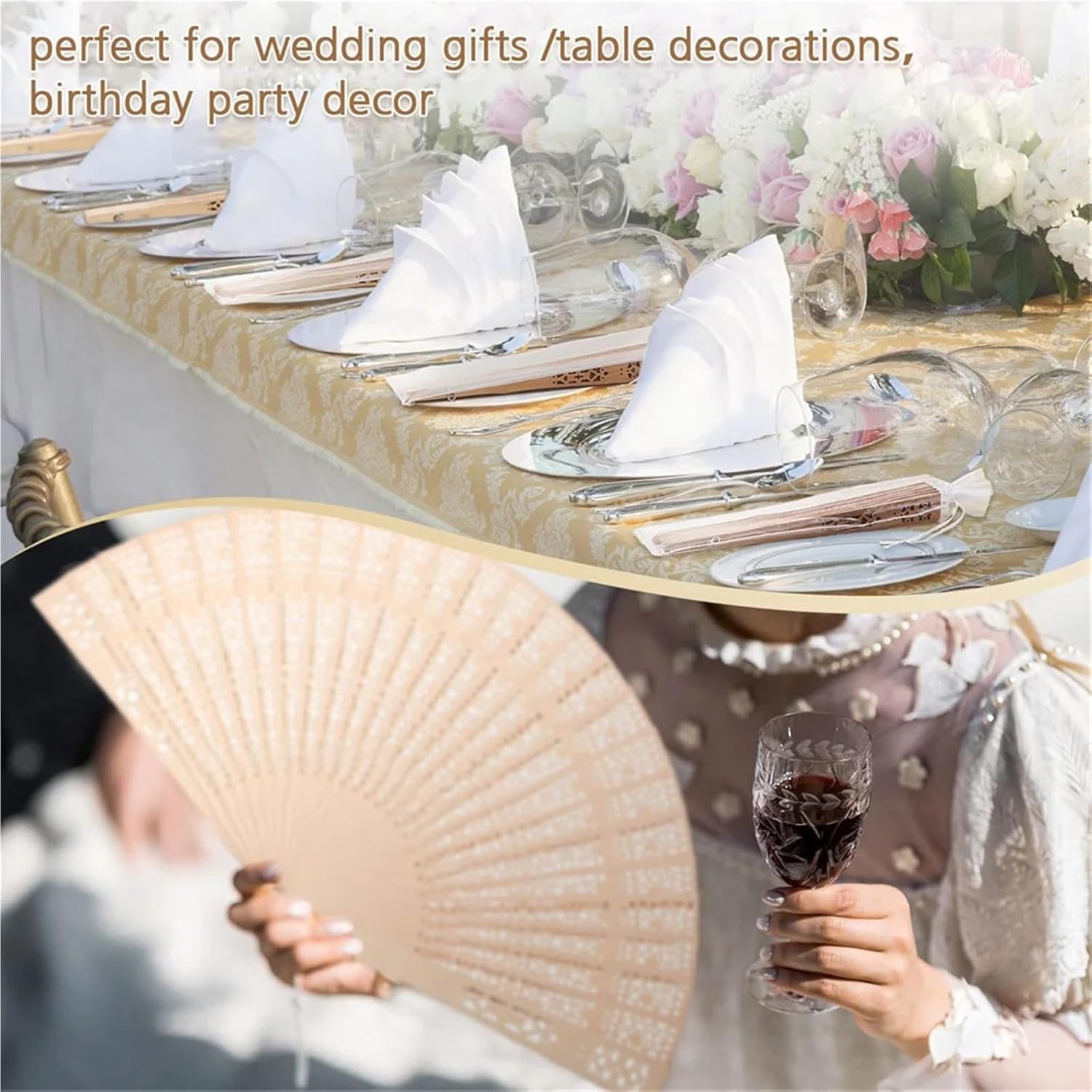 Fans For Wedding Guests 50 Pcs Folding Hand Fans Fashionable Engraved Women Elegant Wood Gifts Fan With Bags Tassels Wedding Mariage Festival Party Dance Props