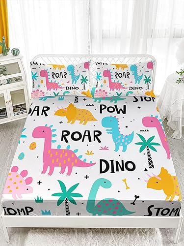 Miniatura 2 de Axolotl Lindo juego de sábanas de dinosaurios de dibujos animados tamaño individual para niñas, juego de ropa de cama de dinosaurios coloridos,