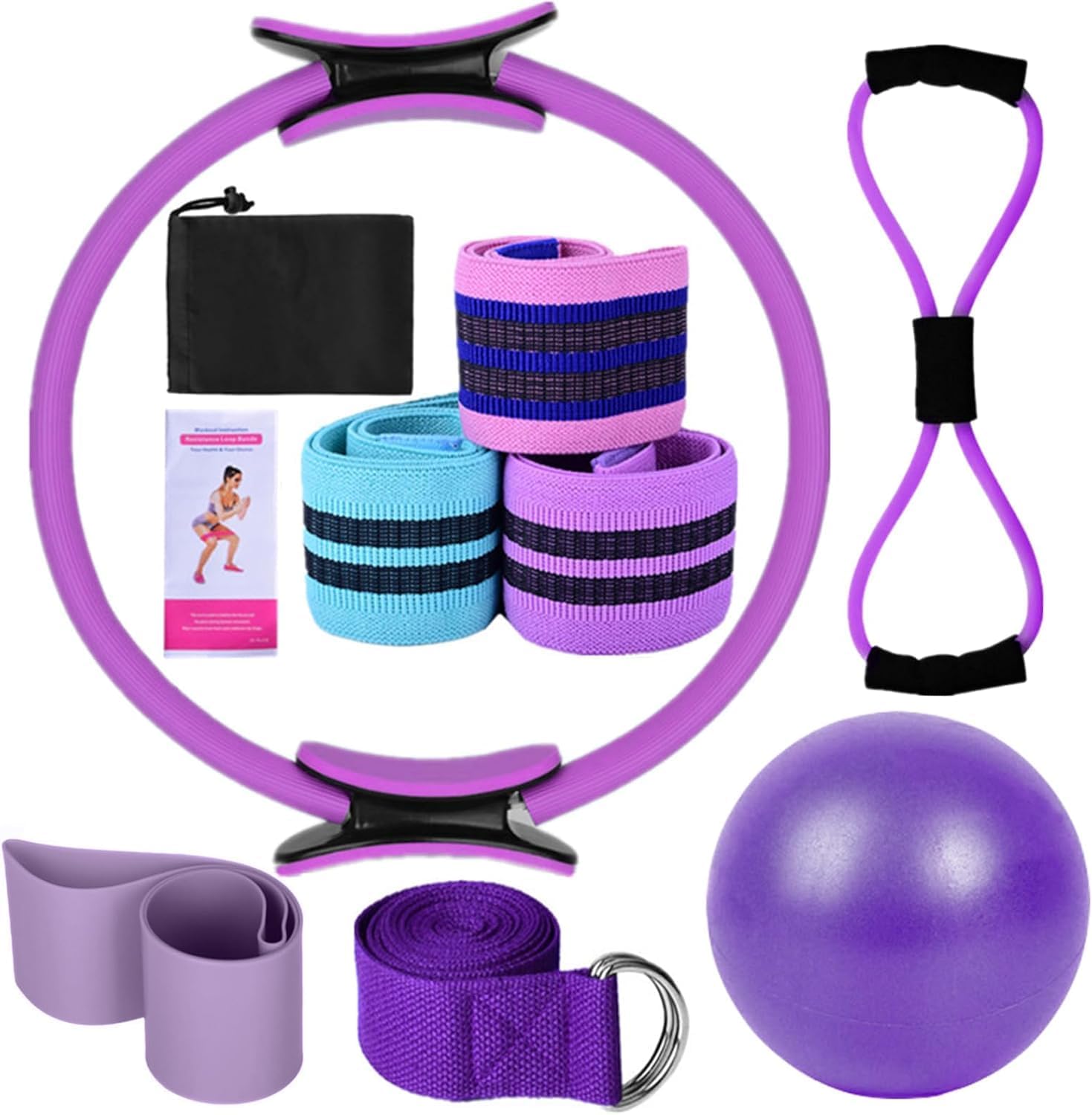 Pilates Ring Kit for Women Home Workouts Better Pilates Essentials Kits Equipments Sets Accessories Magic Ring Booty Bands Glutes Yoga Ball 25cm Figure 8 Resistance Yoga Bands for Stretching 8 Pcs purple