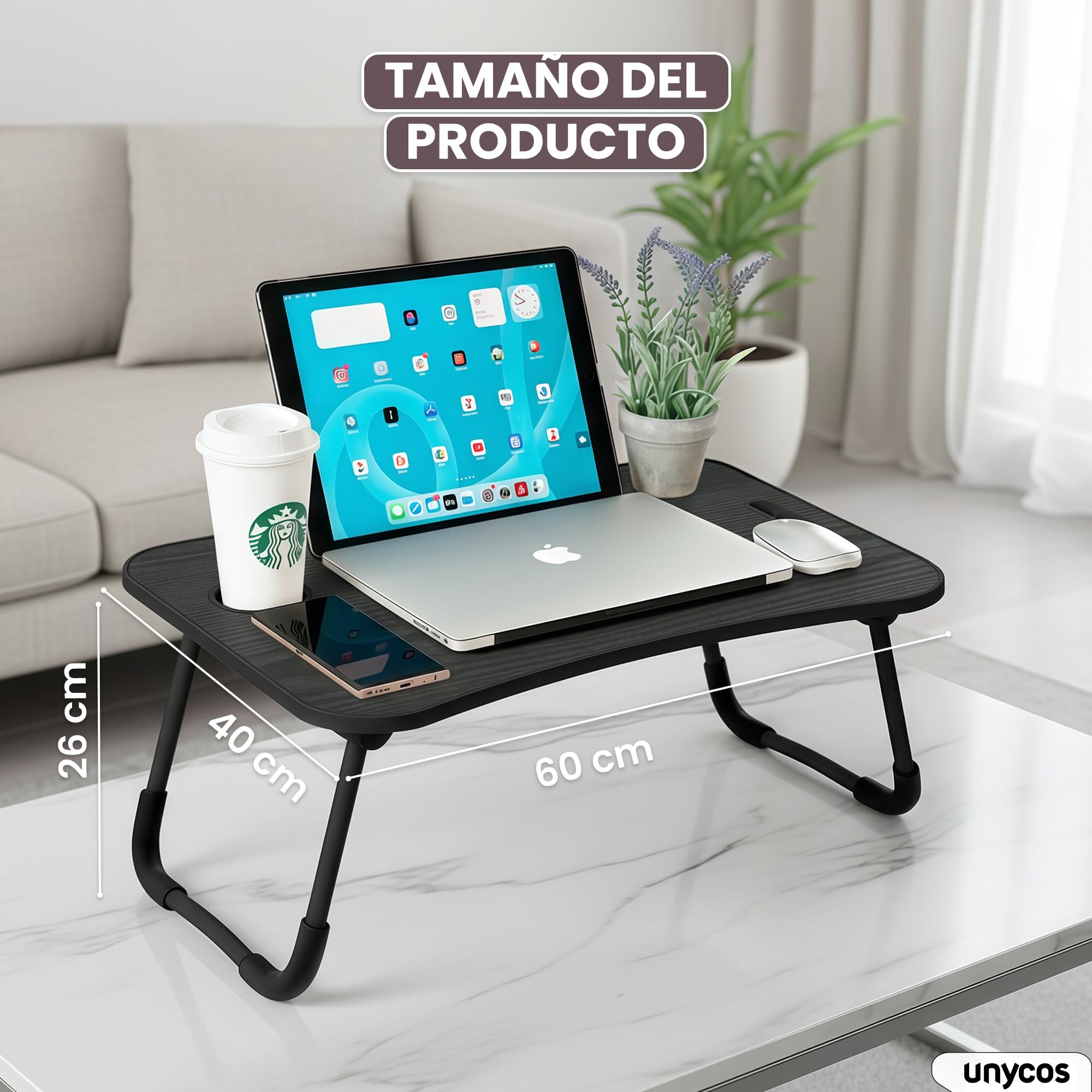 unycos - Bandeja para Cama, Mesa Plegable de Desayuno, Multiusos, Ideal para Portátil, Ordenador y Libros, Ergonómica, Mesa Auxiliar con Atril para Leer en la Cama 60x40x26 cm (Negro/Gris sin Cajón)