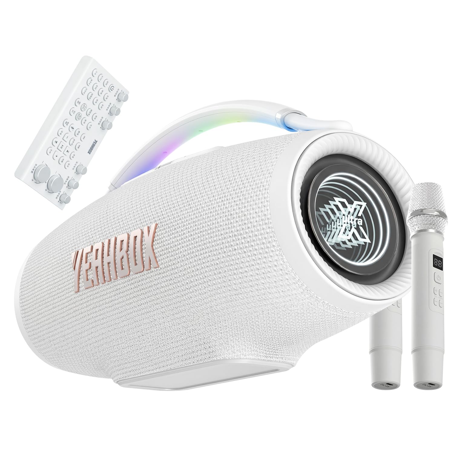 YEAHBOX Sonic Boom Ultra K Enceinte Karaoke Bluetooth avec 2 Micros sans Fil, 320W RMS, Système Audio 3 Voies 5 Haut-Parleurs, HDMI Arc, Lumières RGB, Enceinte de Soirée Portable (Blanc)
