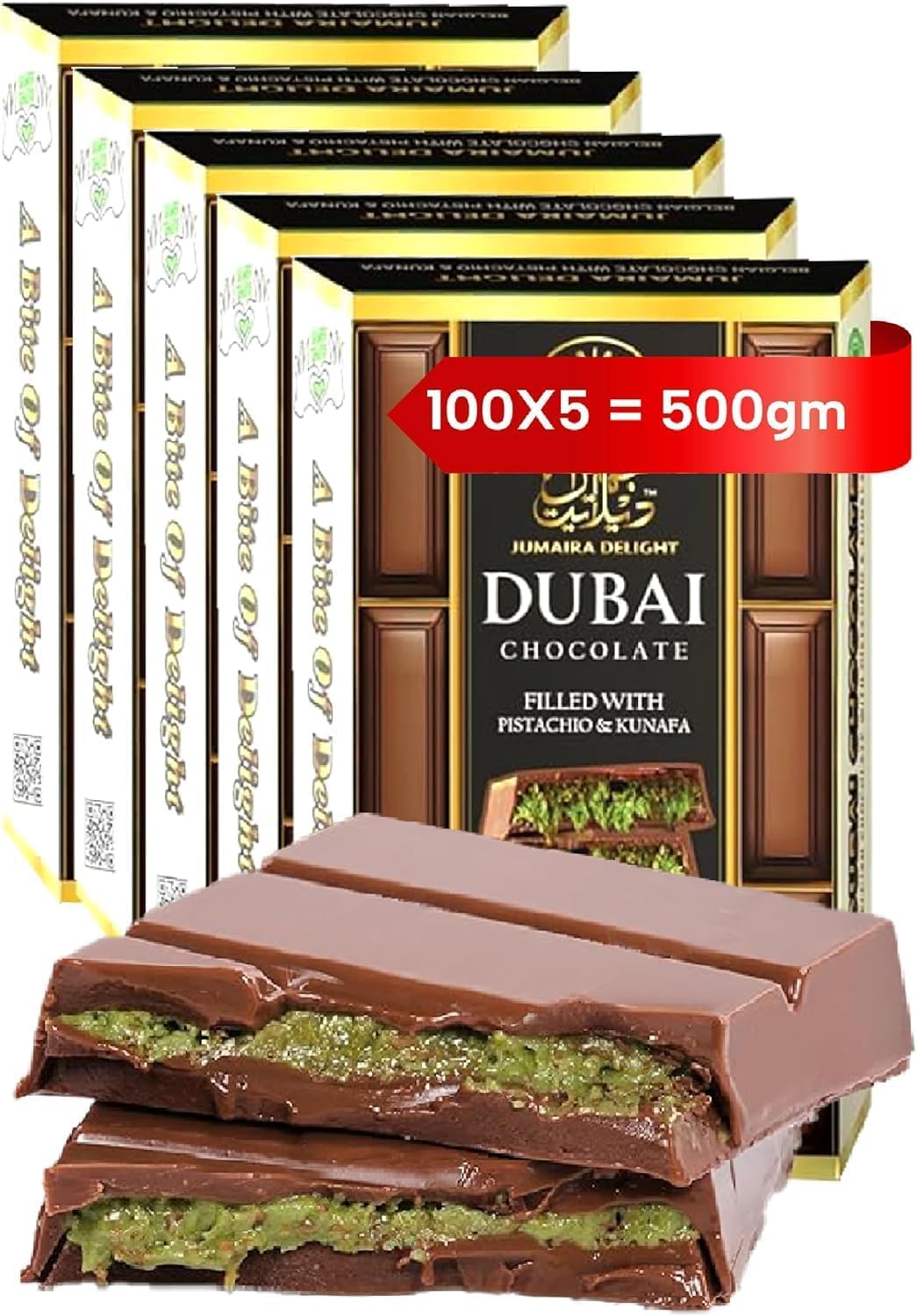 Dubai Chocolate Bar (Pack of 5) 500g Kunafa Bars with Pistachio Cream Filling – Luxurious Fix Dubai Chocolate – Best Gifts for Kids, Family & Friend (Pack of 5-100g/Pcs)