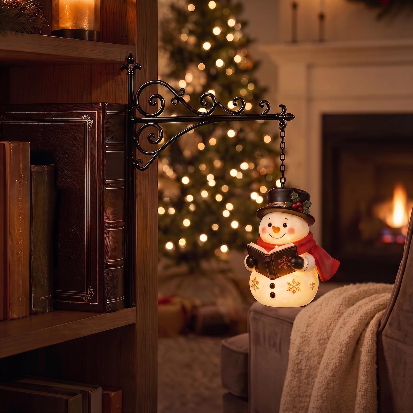 Library Lantern-Decorative Bookshelf Lighting, Reading Nook LED Nightlight, Metal Bookcase Lamps, Vintage Table Desk Luminaires, Studious Home Room Ornament (Snowman) — image 1