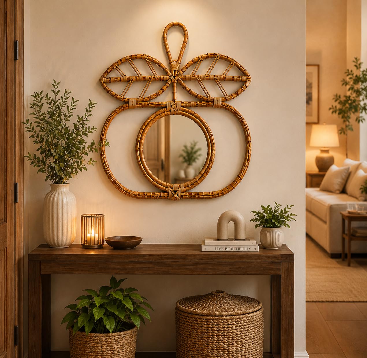 Apple Shape Mirror for Wall Decor | Handmade Cane & Rattan Wall Mirror | Decorative Boho Mirror for Living Room, Bedroom & Home Decor | Modern Wall Hanging Mirror | 42 x 2 x 43 cm-image-14