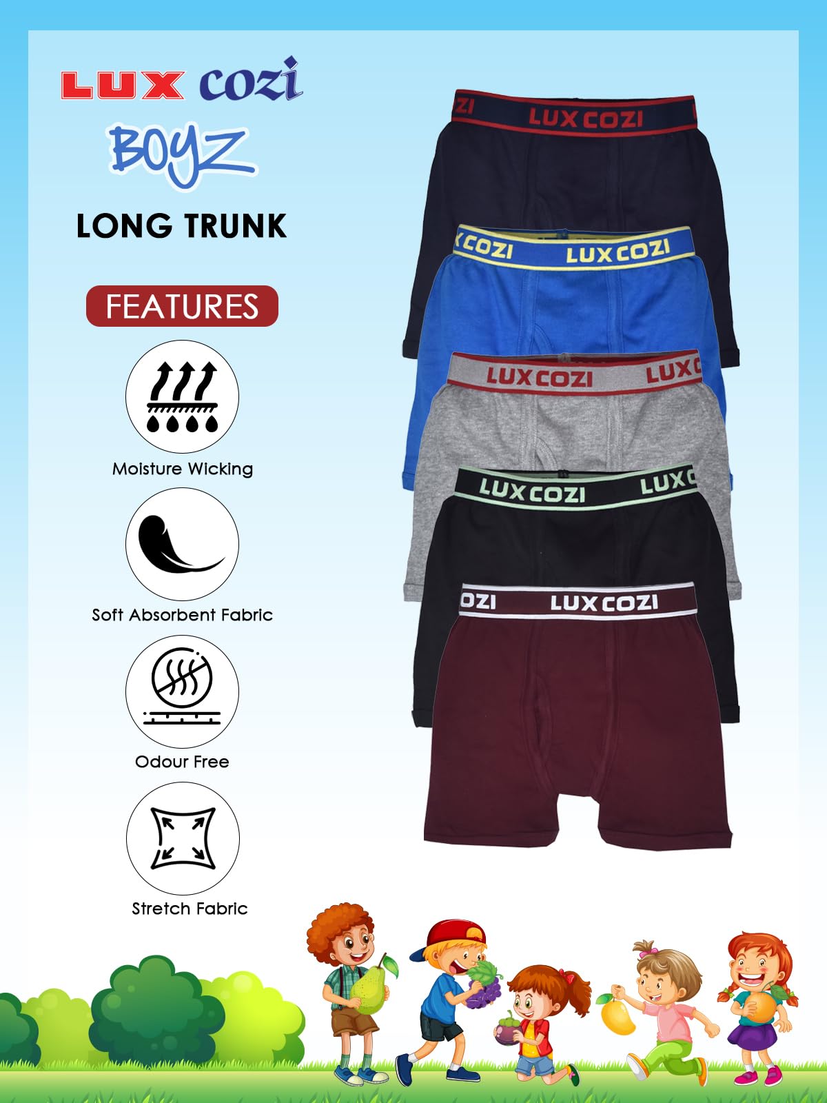Lux Cozi Boy's Pack of 6 Super Combed Cotton Outer Elastic Solid Trunk with Ultra Soft Waistband (Size : 65cm) Multicolour - Image 5 thumbnail