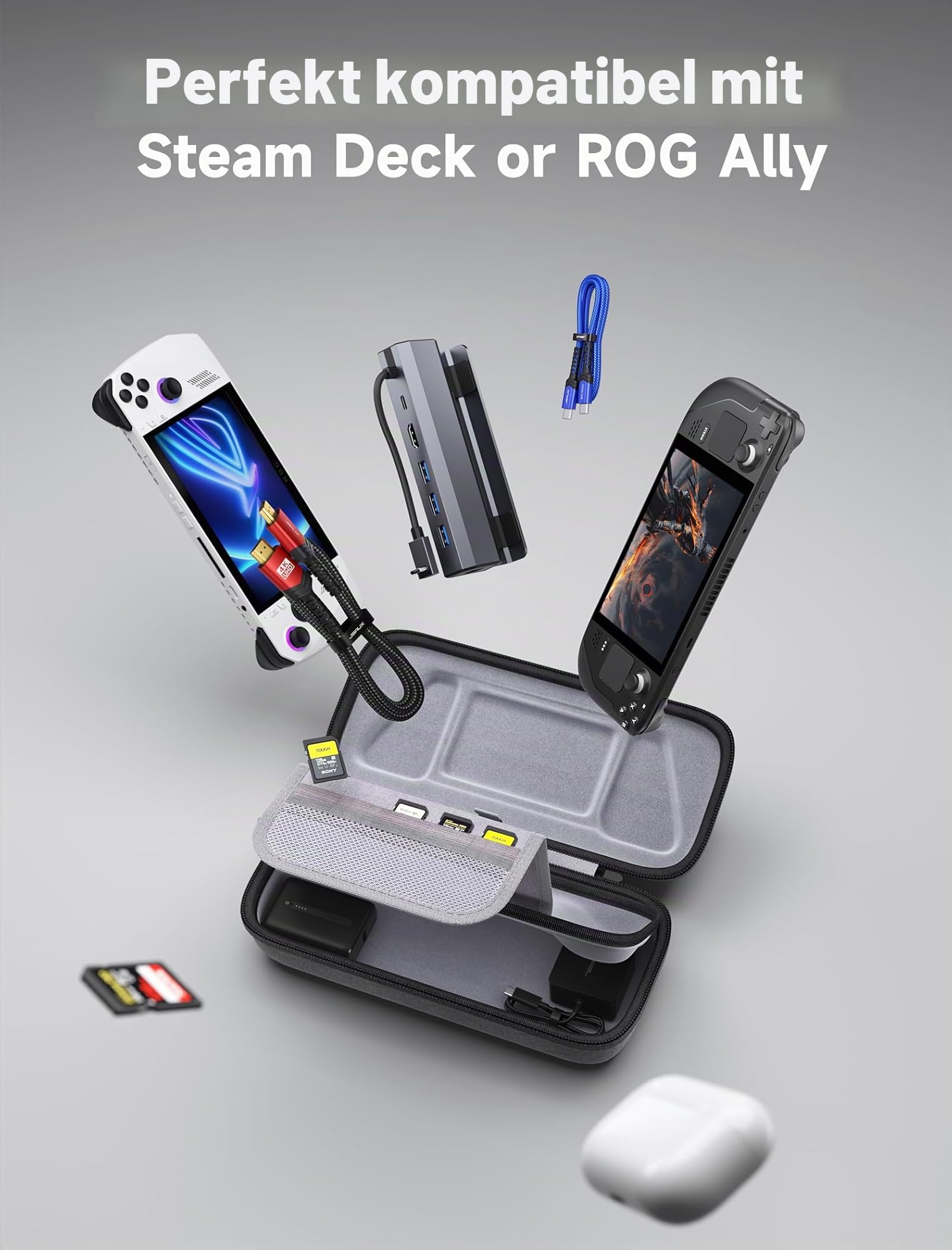 JSAUX Tasche Kompatibel mit Steam Deck & ROG Ally X, Schützende Harte Tragetasche Hülle Case Eingebaute Netzteil Ladegerät Speicher, Tragbare Reise Tragetasche für Steam Deck OLED/ROG Ally