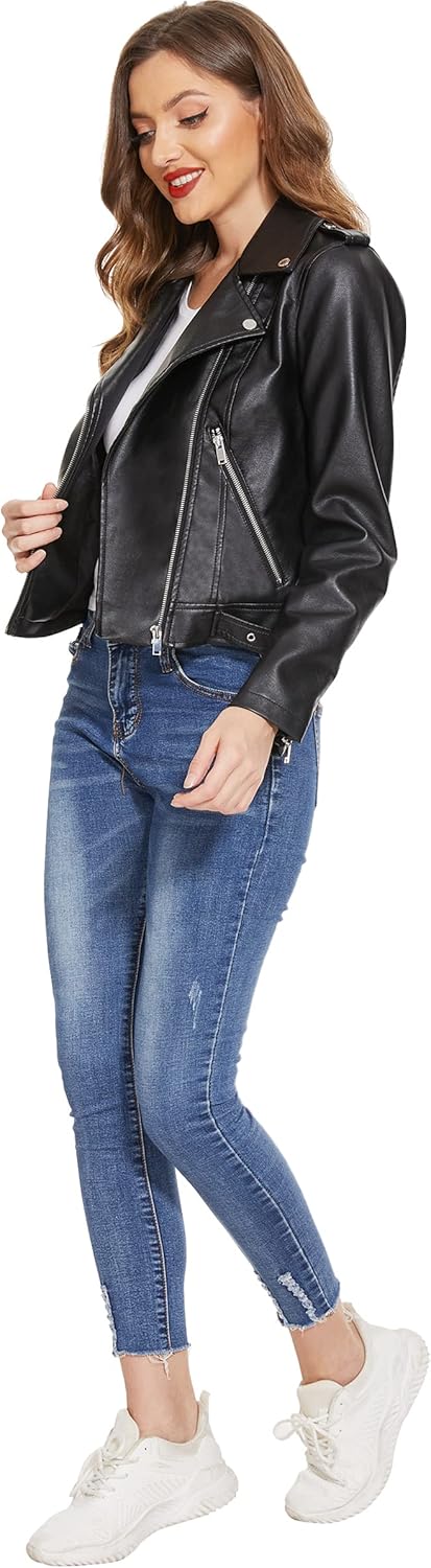 Fahsyee Faux Leather Jacket for Women, Vegan Jackets Moto Biker Motocycle Coat - Image 5