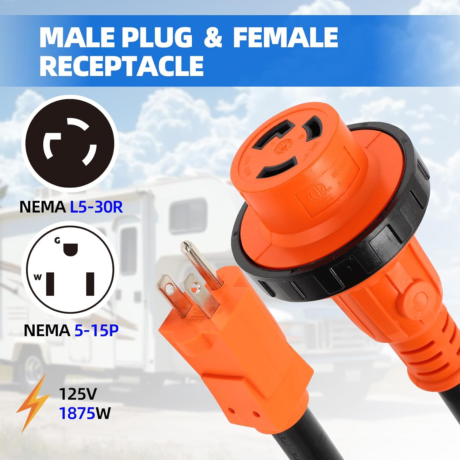 RV Power Adapter 15 Amp to 30 Amp RV Adapter, NEMA 5-15P Male Plug to L5-30R Female Receptacle Camper Electrical Adapter with Ergonomic Handle, 13 Inch 30 amp rv Plug, ETL Listed Power Connector