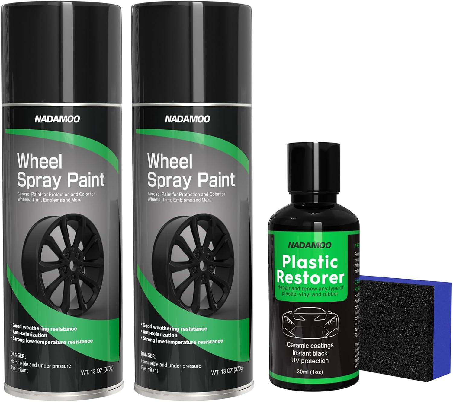 NADAMOO Plastic Restorer + Wheel Spray Paint Black 2 Cans
