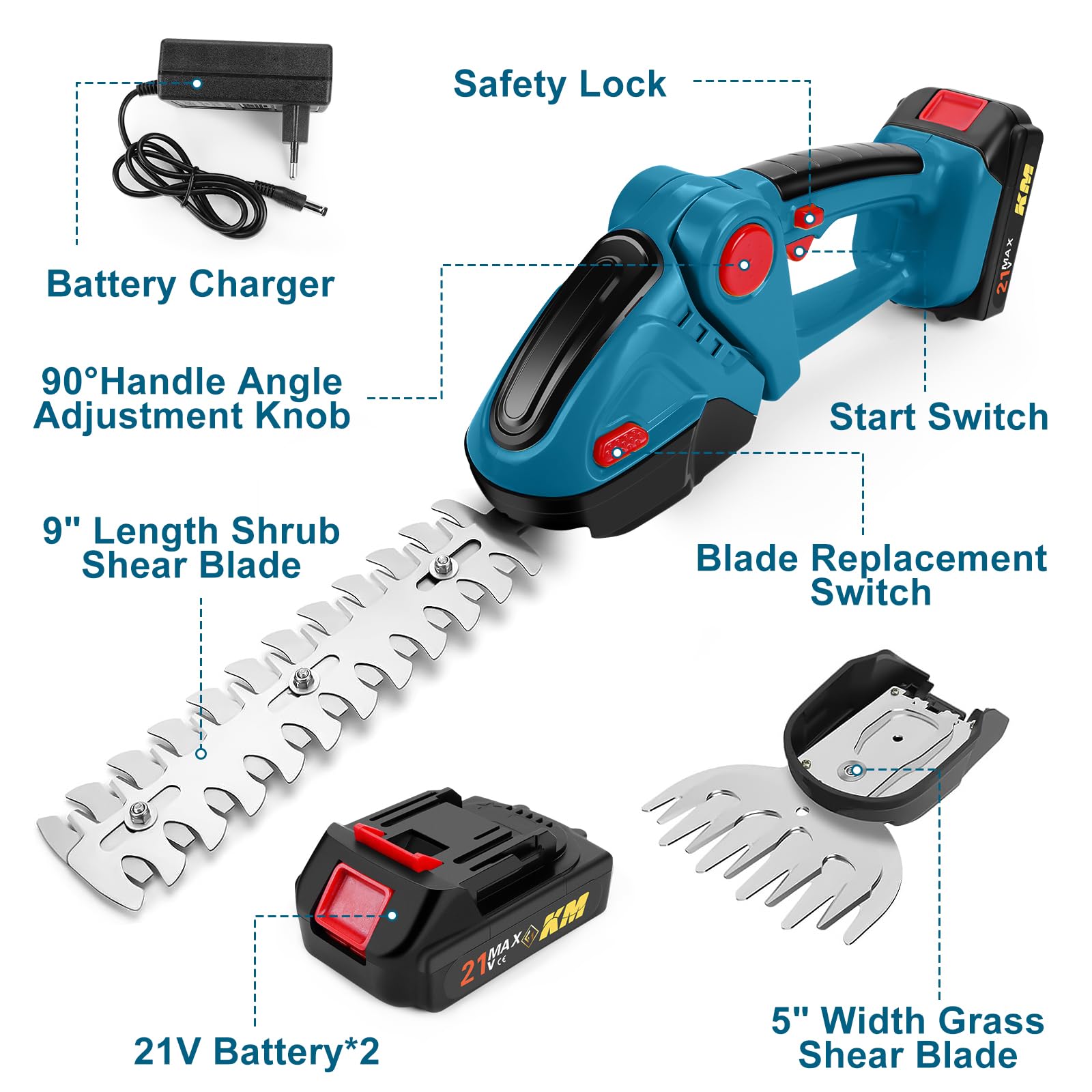 Taille-haie Electrique sans Fil 24V, 2 en 1 Taille Haie et Cisaille à Gazon avec 2x1500mAh Batterie, 100mm+300mm Lames
