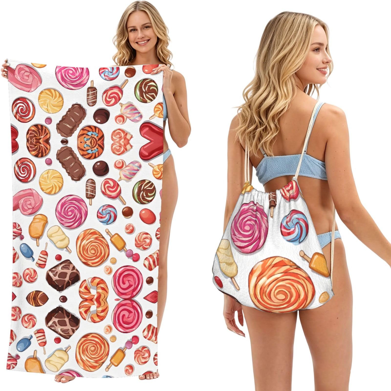 Colorful Sweet Lollipop Cupcake Donut Print Beach Towel For Adults,Towel With Drawstring Bag, Travel Pool Swimming Sports Shower Sand Free Quick Dry Bath Towel For Pool, Beach, Yoga- 180x60cm
