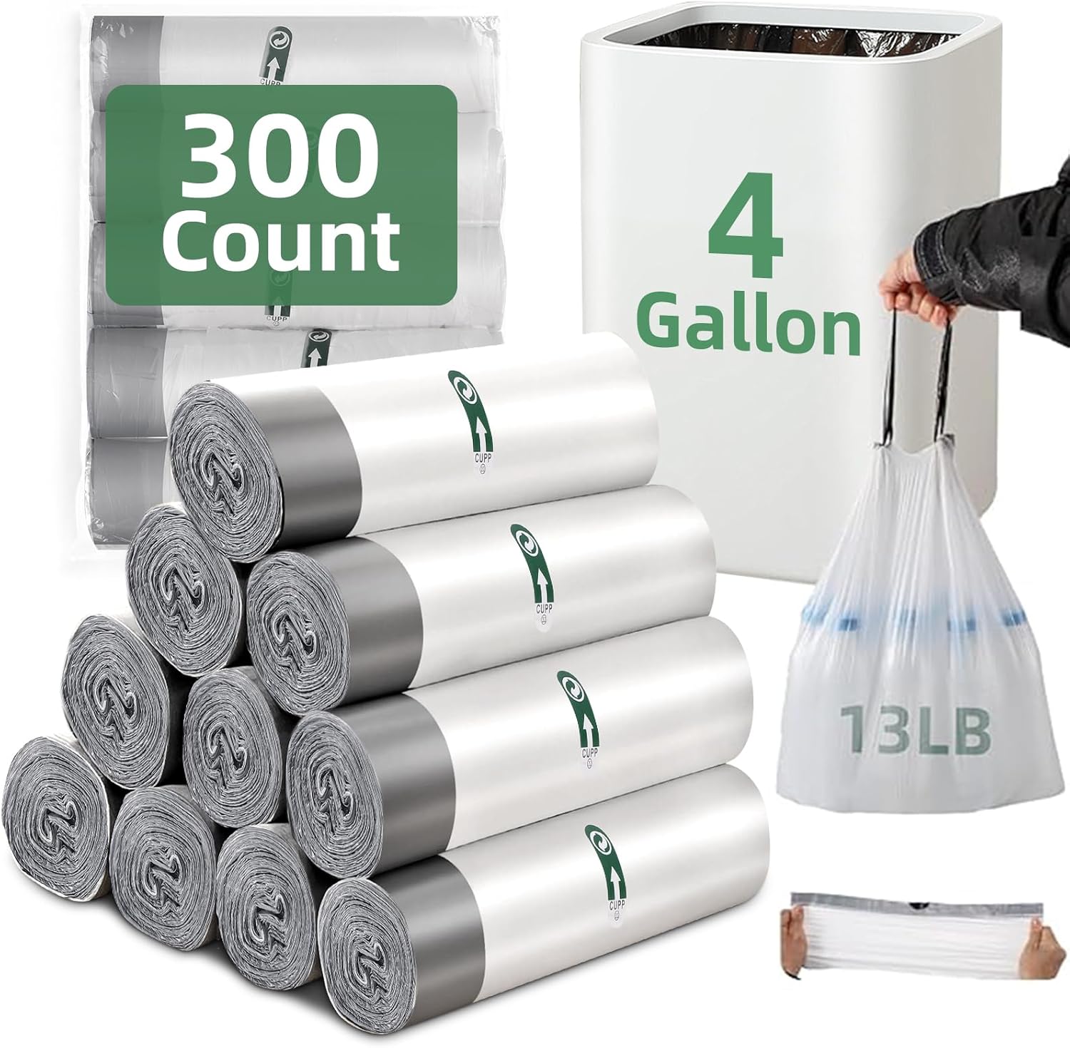 4 Gallon Small Trash Bags 300 Counts Extra Strong Drawstring Bathroom Trash Bags Small Garbage Bags Clear Trash Bag for Bathroom Bedroom Office Kitchen Trash Can