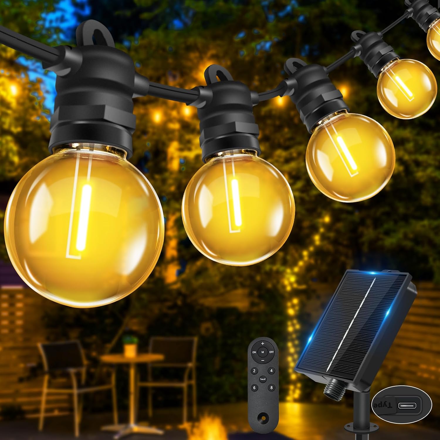 Bowfar Solar String Lights Outdoor Garden, 6M 10+1 G40 Bulbs Festoon Lights Solar Powered with Remote Control, IP68 Waterproof Fairy Lights 8 Modes Garden Lighting for Balcony Patio Party Gazebo
