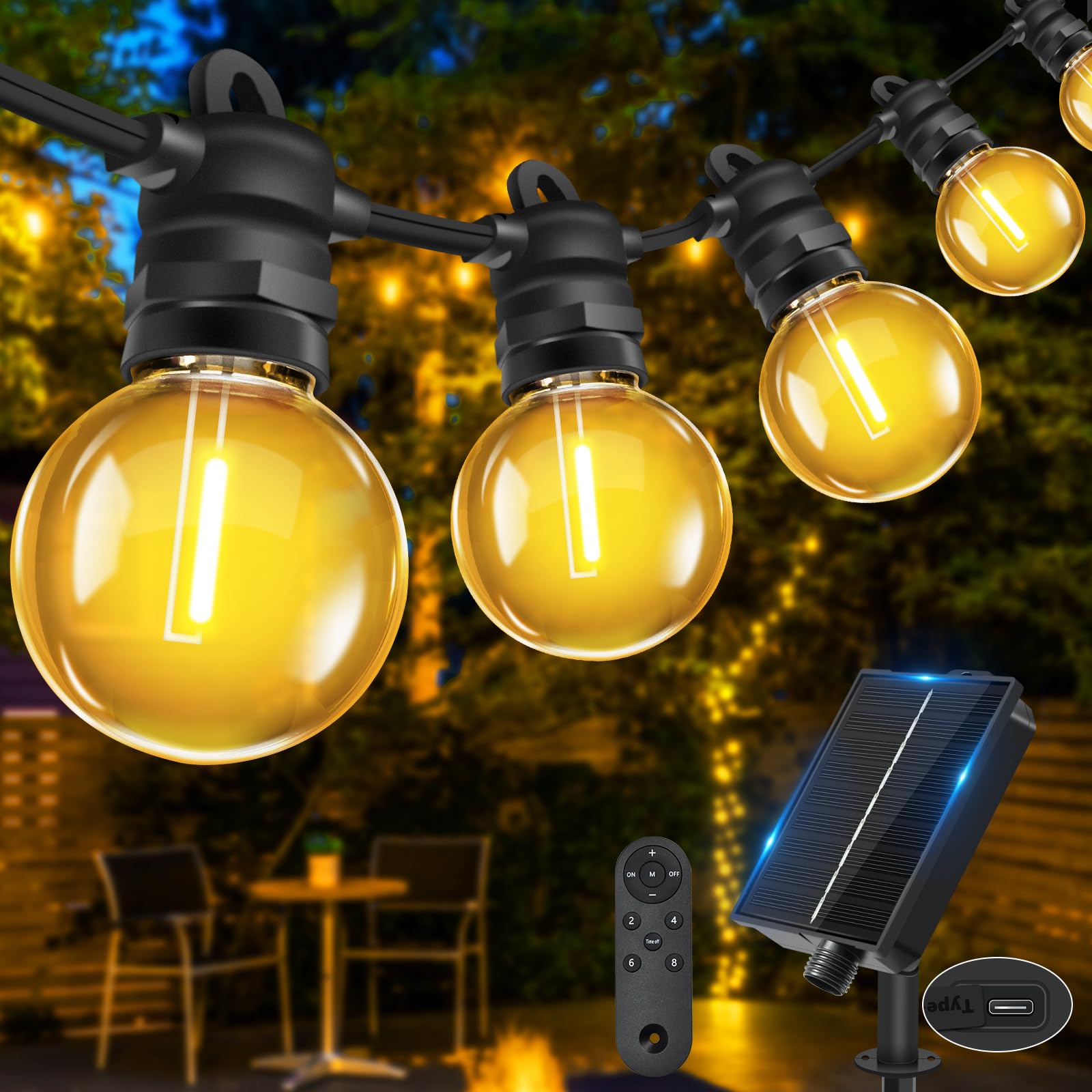 Bowfar Lichterkette Außen Solar, 6M 10+1 G40 Glühbirnen Solar Lichterkette Aussen mit Fernbedienung, IP68 Wetterfest Solarlichterkette 8 Modi Garten Beleuchtung für Balkon Terrasse Outdoor Deko