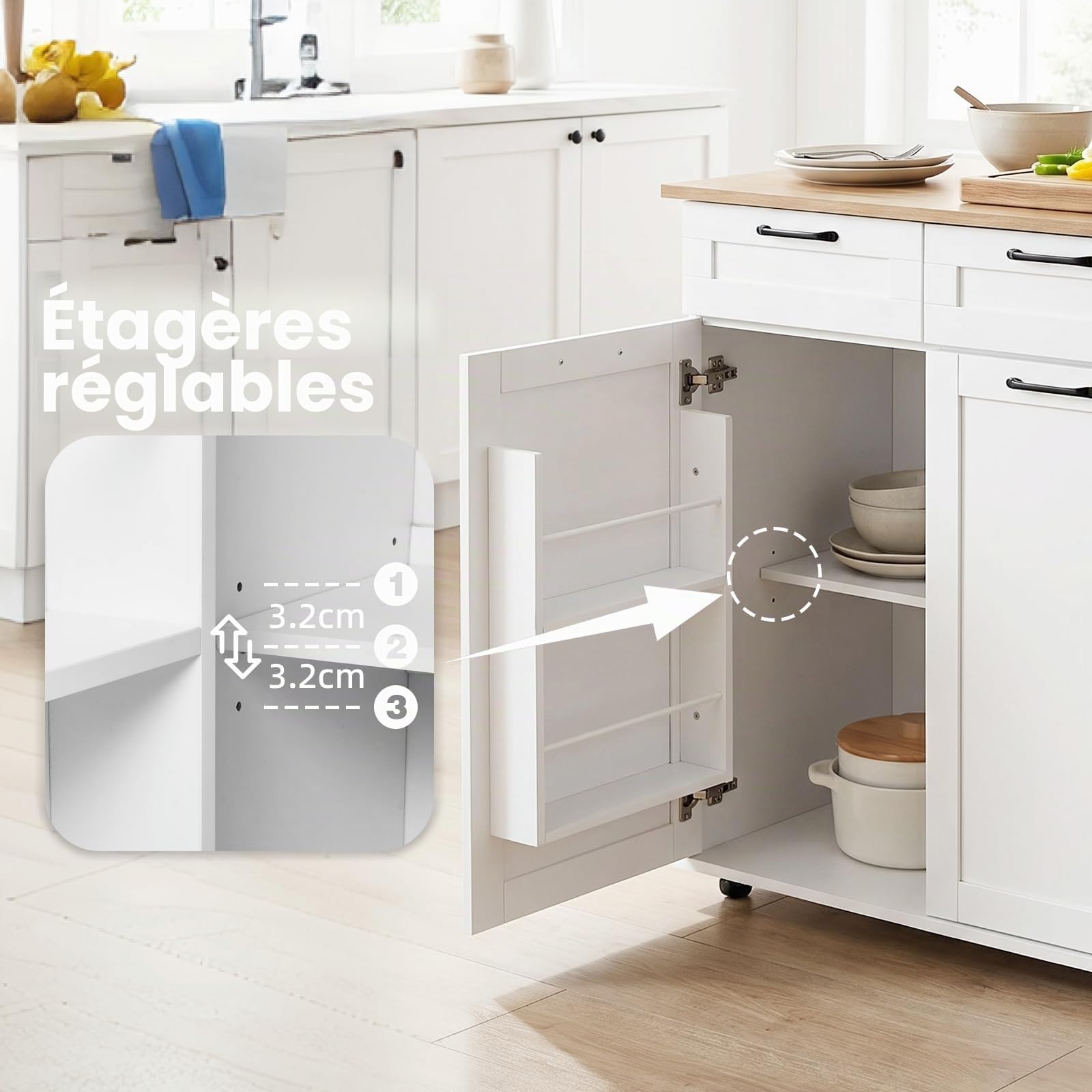Îlot Central, Desserte Îlot de Cuisine sur roulettes, avec 2 Prises et 2 Ports USB, 119,5 x 44–74 x 94 cm, pour Cuisine et Salle à Manger, Blanc