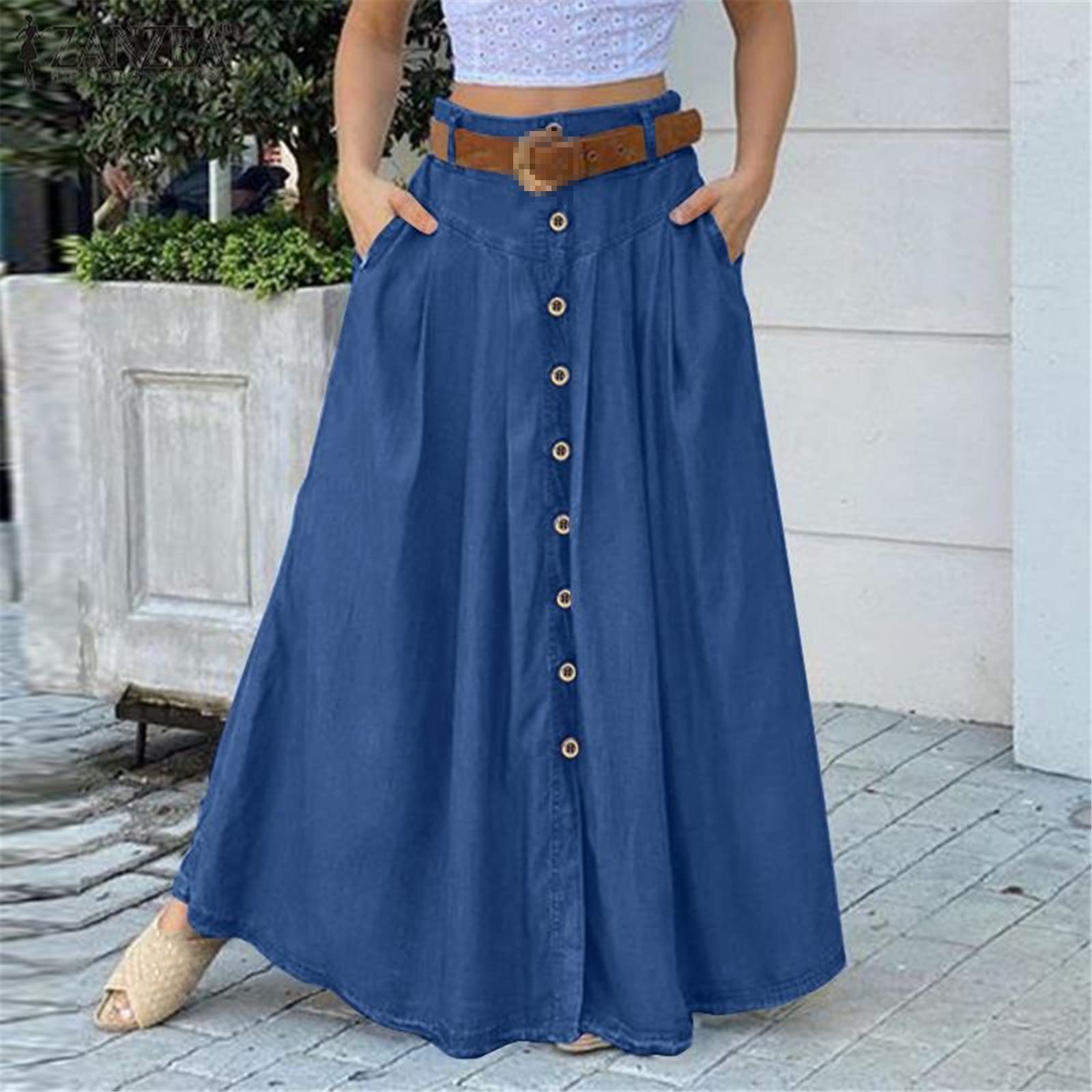 Jupe longue décontractée à boutons pour femme - Taille haute, rouge vin, 36
