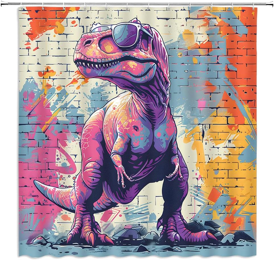 Funny Dinosaur Shower Curtain Fantasy Animal Wearing Sunglass Colorful Graffiti Brick Wall Cool Boys Teens Bathroom Decor Polyester Fabric Curtains with Hook 80Wx70H Inches