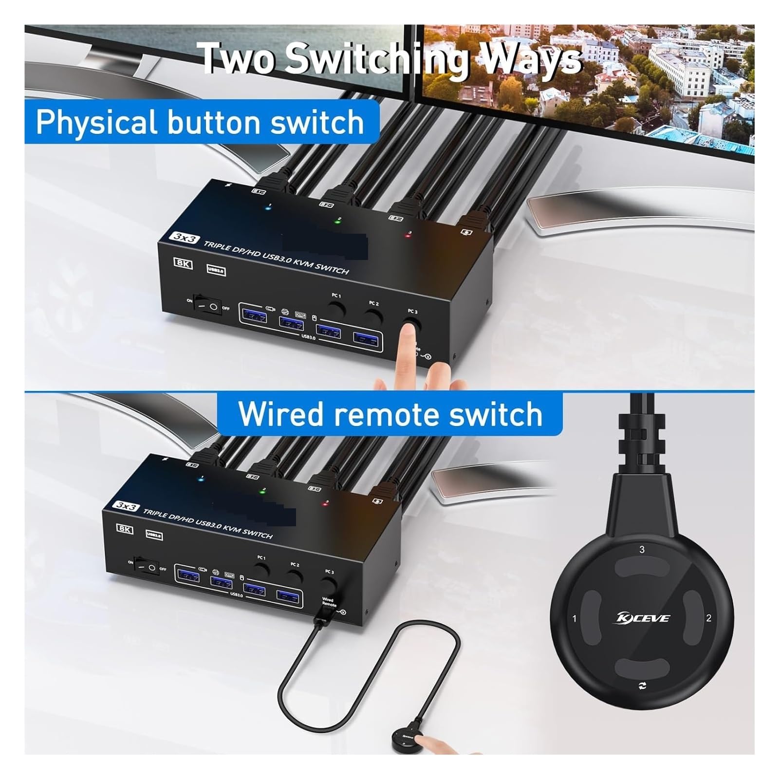 Convertitori video, Switch KVM USB 3.0 3 monitor 3 computer 8K@60Hz 4K@144Hz KVM a triplo monitor con 4 porte USB 3.0 KVM triplo