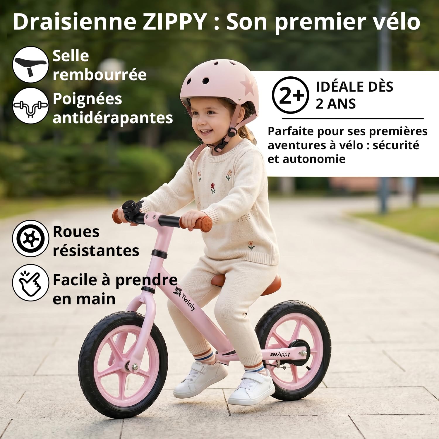 Twinly Vélo d'équilibre pour enfants 3-6 ans Zippy Vélo sans pédales avec siège réglable 80-125 cm, jusqu'à 30 kg, entraînement d'équilibre et de coordination