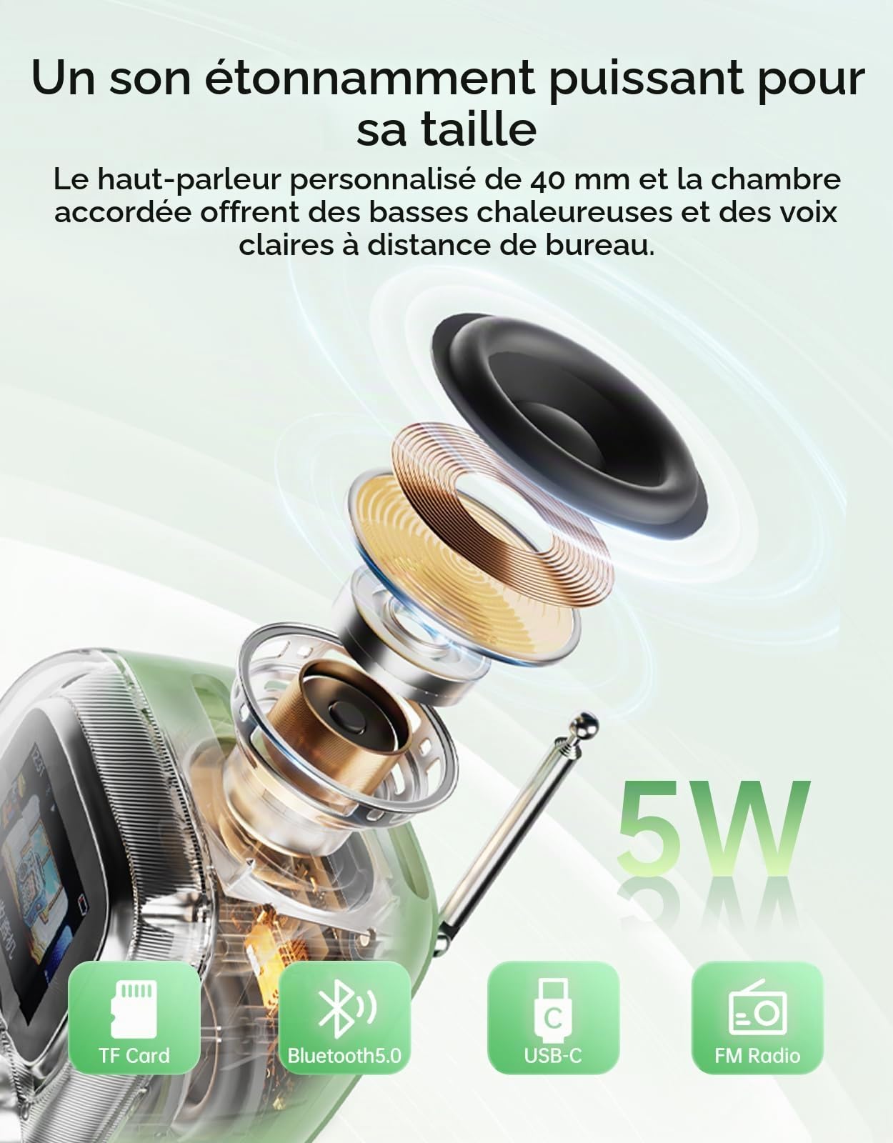 Divoom Tiivoo-2 Enceinte Bluetooth rétro avec Haut-Parleur sans Fil Mignon, Petit, Tendance, Multifonction, Pixel Art, Horloge, Chargement d'album, Bruit Blanc, Cadeau, Compatible avec (Vert)