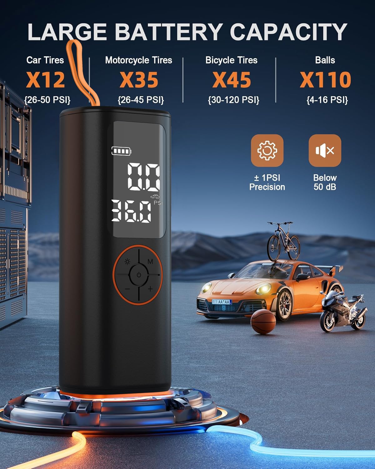 Compresor de aire portátil para inflador de neumáticos, mini bomba de aire inalámbrica de inflado 4 veces más rápido con manómetro digital con medidor de presión digital/luz LED, inflador portátil de