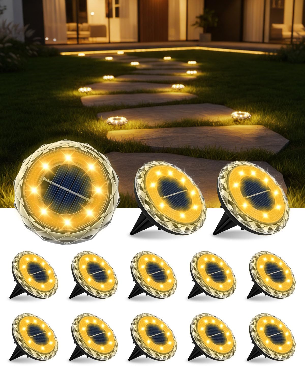 MOXTOYU 12 Stück Solar Bodenleuchten Aussen, 8 LED Warmweiß Solarleuchten für Garten Außen, IP68 Wasserdicht, Automatischer Lichtsensor, Wetterfeste Solarlampen für Garten Rasen Gehweg Patio Auffahrt