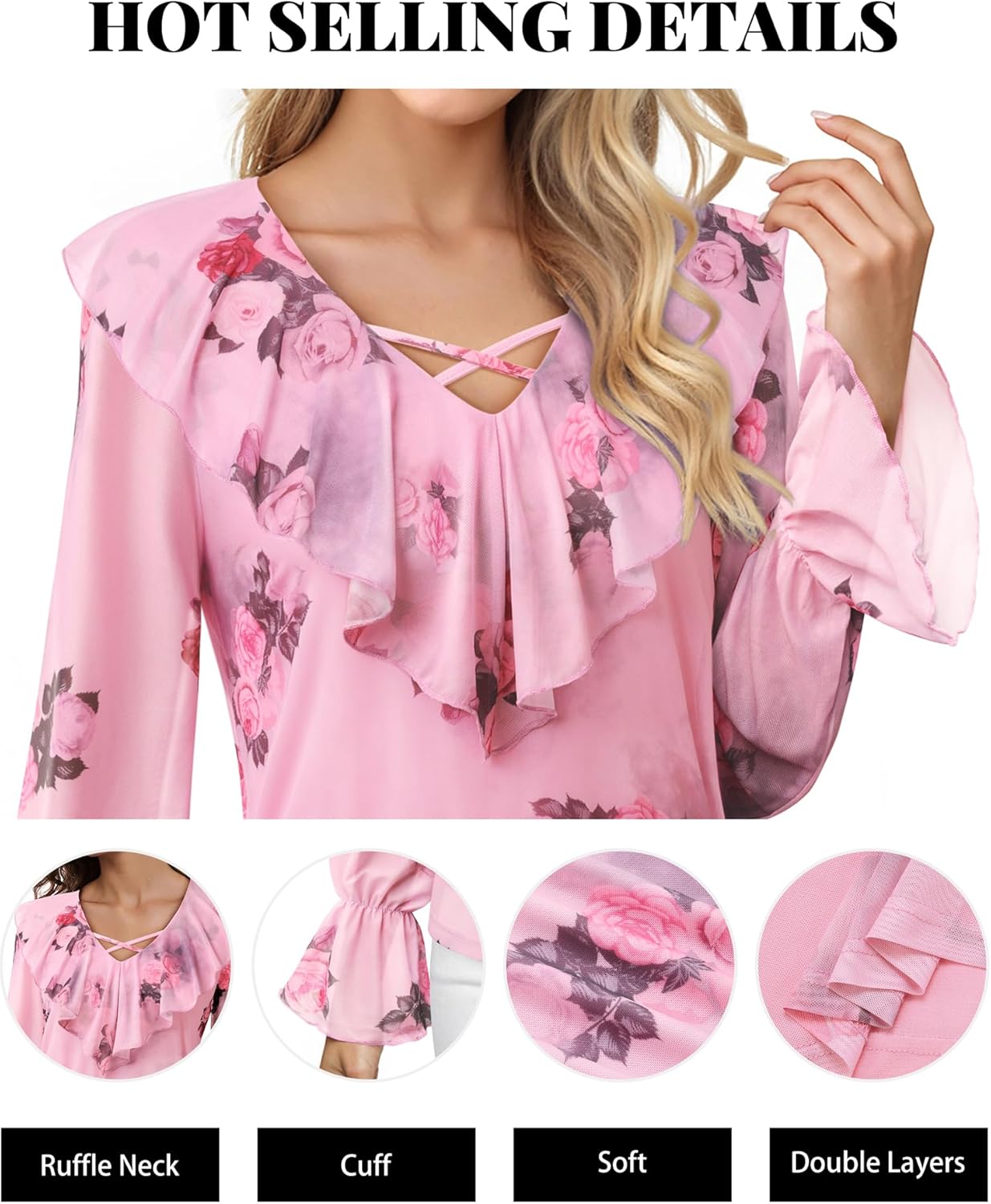 Lotusmile Women's Dressy Casual Ruffle Tops Double Layered Long Sleeve Shirts V Neck Blouses for Women Work Party - Image 4