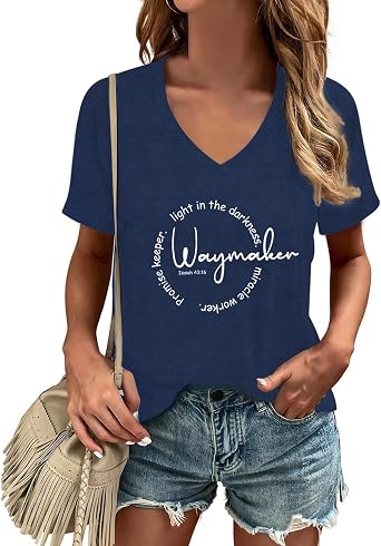 Christian Shirt for Women Waymaker V-Neck T-Shirt Light in The Darkness Bible Verse Faith Tee Top