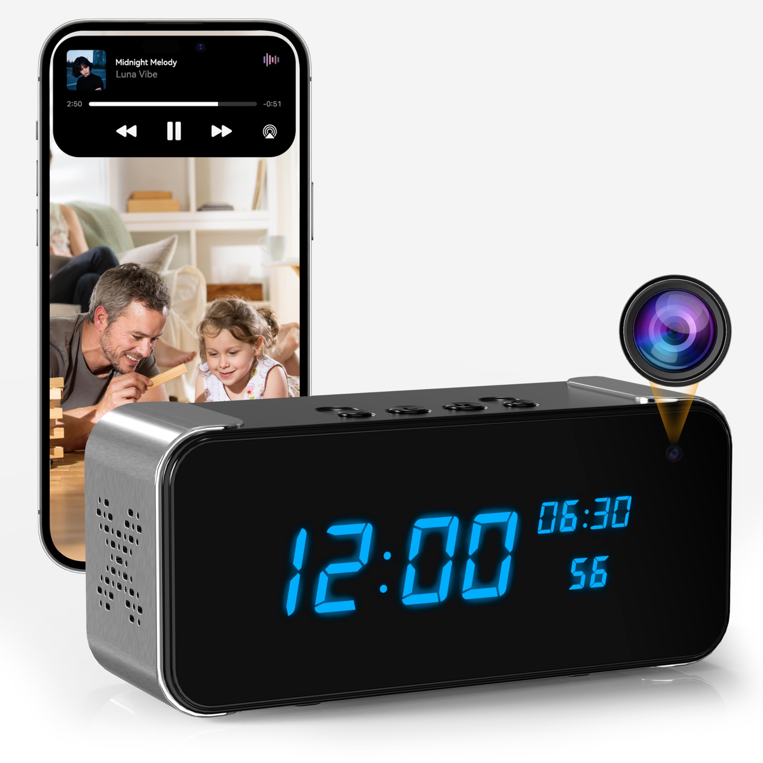 Mini Camara Espia WiFi 4K HD, Camara Oculta 3 en 1 con Altavoz Bluetooth y Despertador, Visualización Remota Desde Móvil, Visión Nocturna y Detección de Movimiento para Interior, Hogar