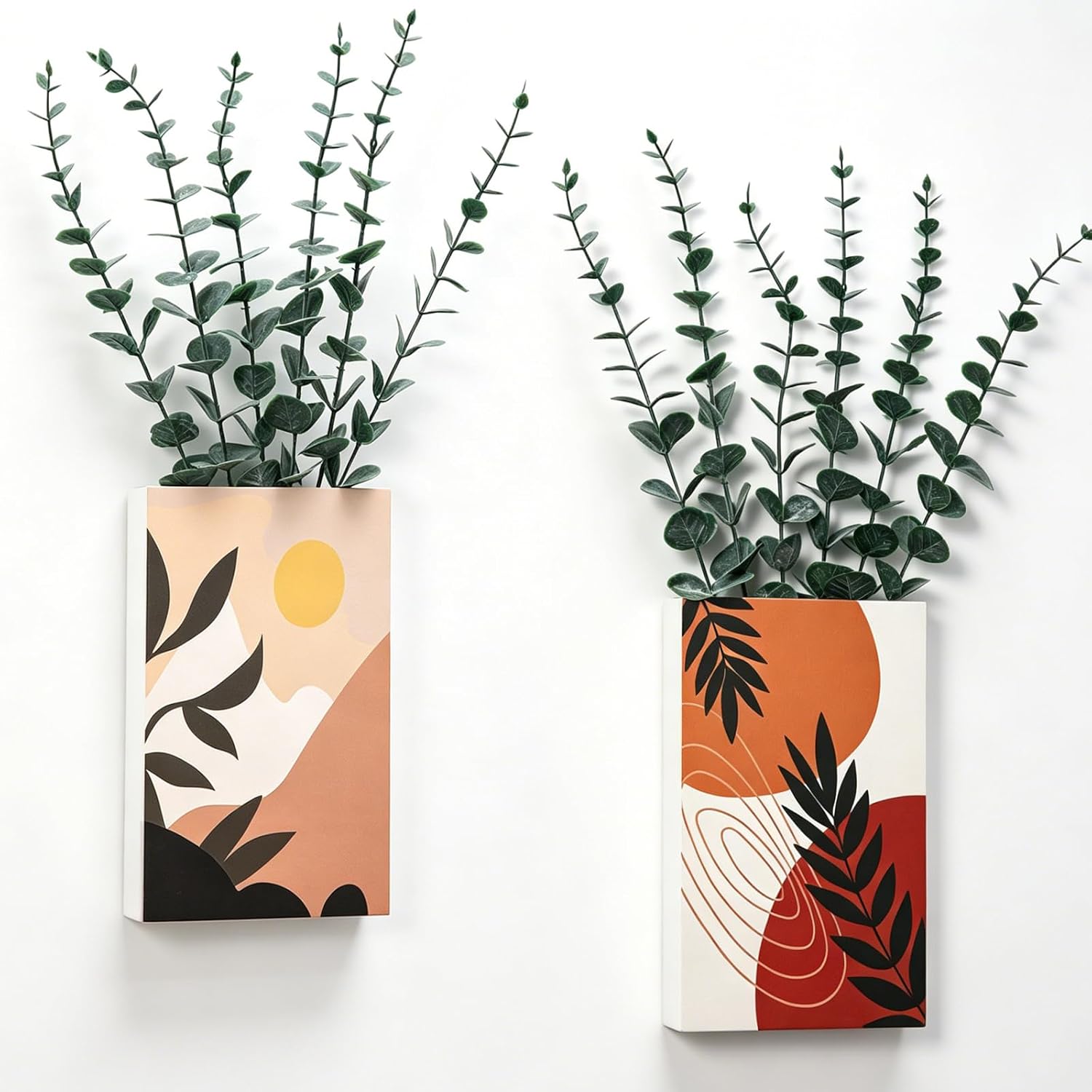 2 Pack Wood Wall Planter Vase with Artificial Eucalyptus, Boho Wood Wall Decor Pocket Hanging Planter for Indoor Plants Modern Farmhouse Decorations for Living Room Bedroom Entryway Home Office