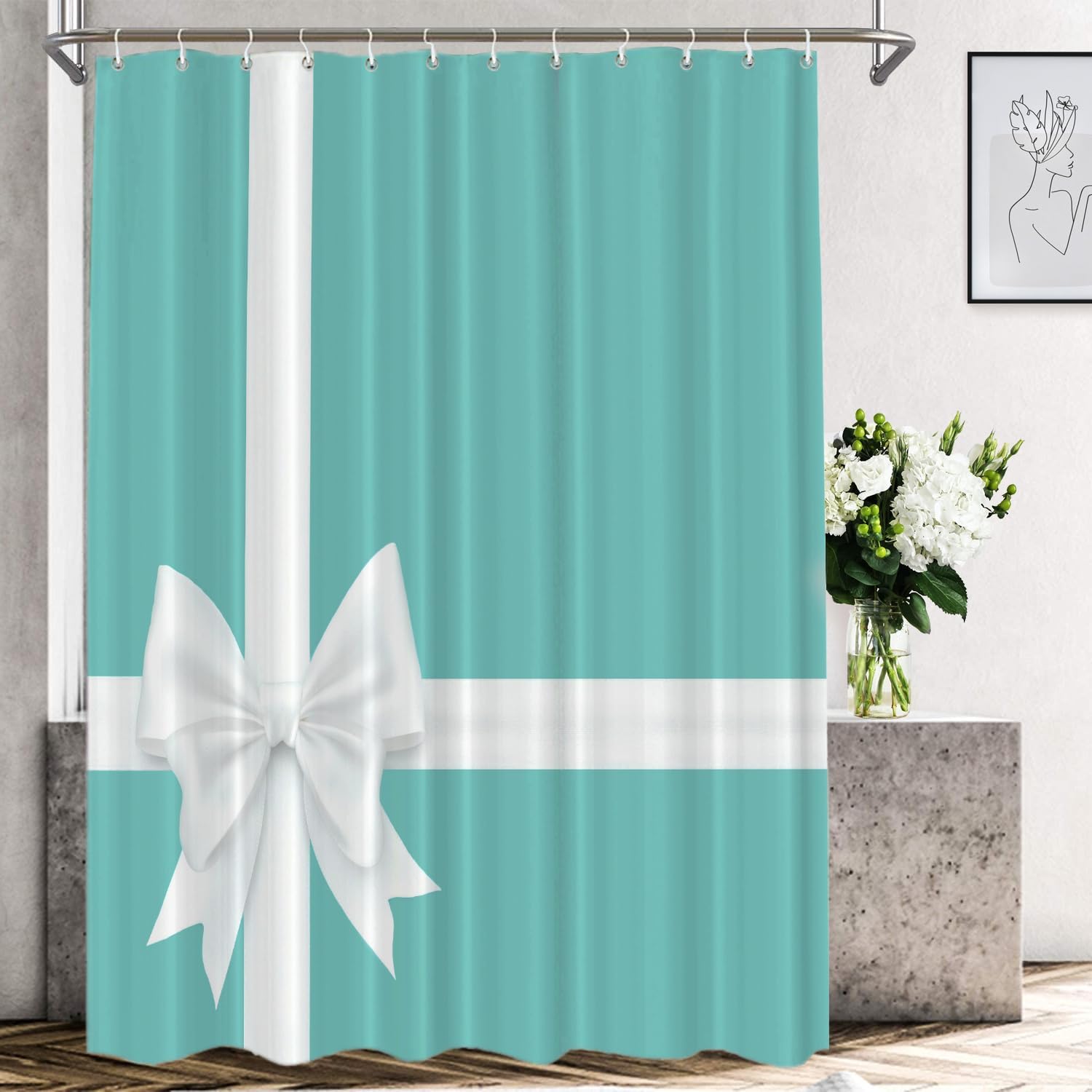 Shrahala White Elegant Turquoise Decorative Shower Curtain, Elegant Turquoise Christmas Shower Curtain for Shower Stall Bathtubs Bathroom Decor Waterproof Shower Curtain with Grommets 72x72 Inch