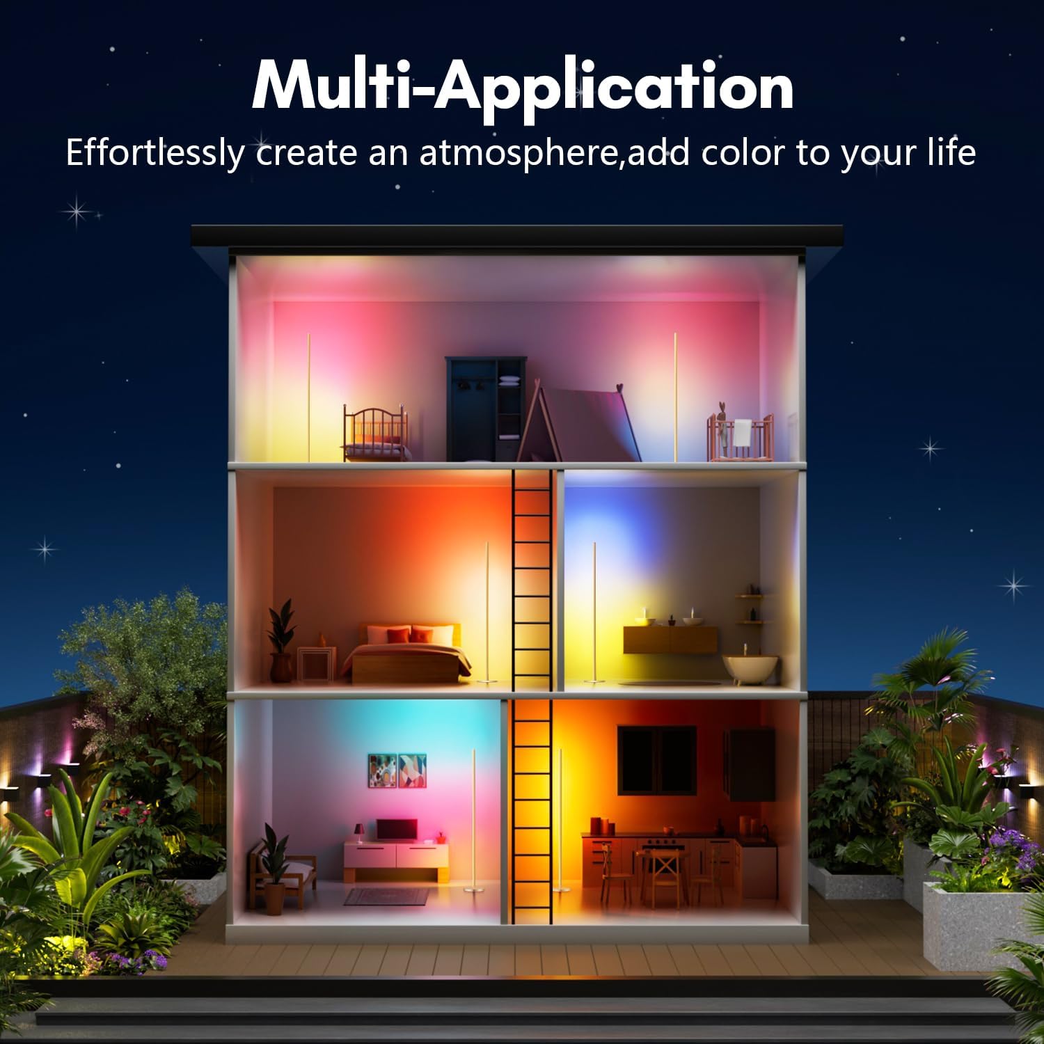 luckystyle Smart RGB Corner Floor Lamp,Bright LED Tall Modern Floor Lamp with APP and Remote,Ambient Lighting Color Changing Standing Lamps with Music Mode and Timing for Living Room,Bedroom Gold