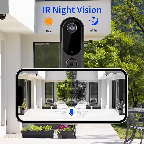 Miniatura 4 de Timbre de video inteligente WiFi de 2.4 GHz con carga inalámbrica, visión completa HD, conversación bidireccional, alertas telefónicas instantáneas,