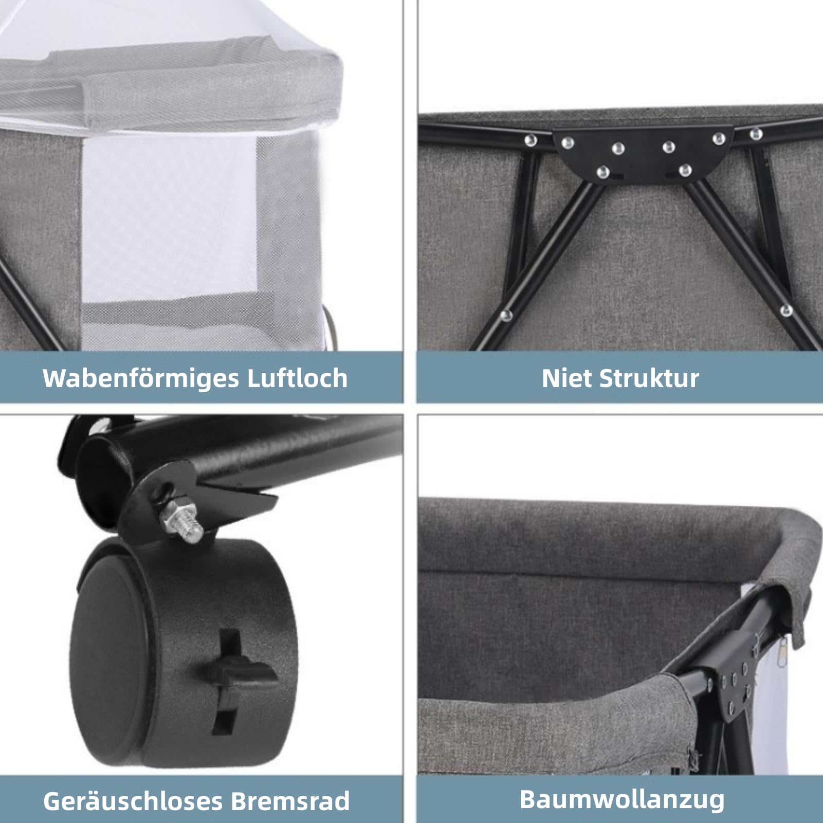Baiyun Beistellbett Baby, 2 in 1 Babybett und Babywiege, Kinderbett mit Rollen, Moskitonetz, Lagerungstasche und Matratze, Multifunktional Kinderbett Faltbares Tragbares (Modell 4 Grau)