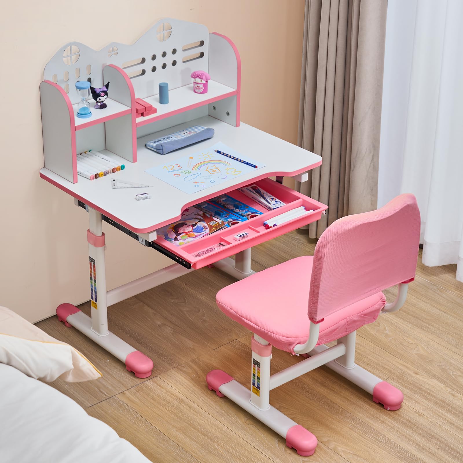 VEVOR Set Scrivania e Sedia per Bambini, Capacità di Carico di 100 kg Tavolo da Lavoro e Sedia per Bambini con Libreria e Cassetto, Regolabile in Altezza, per Camera da Letto e Studio, Rosa