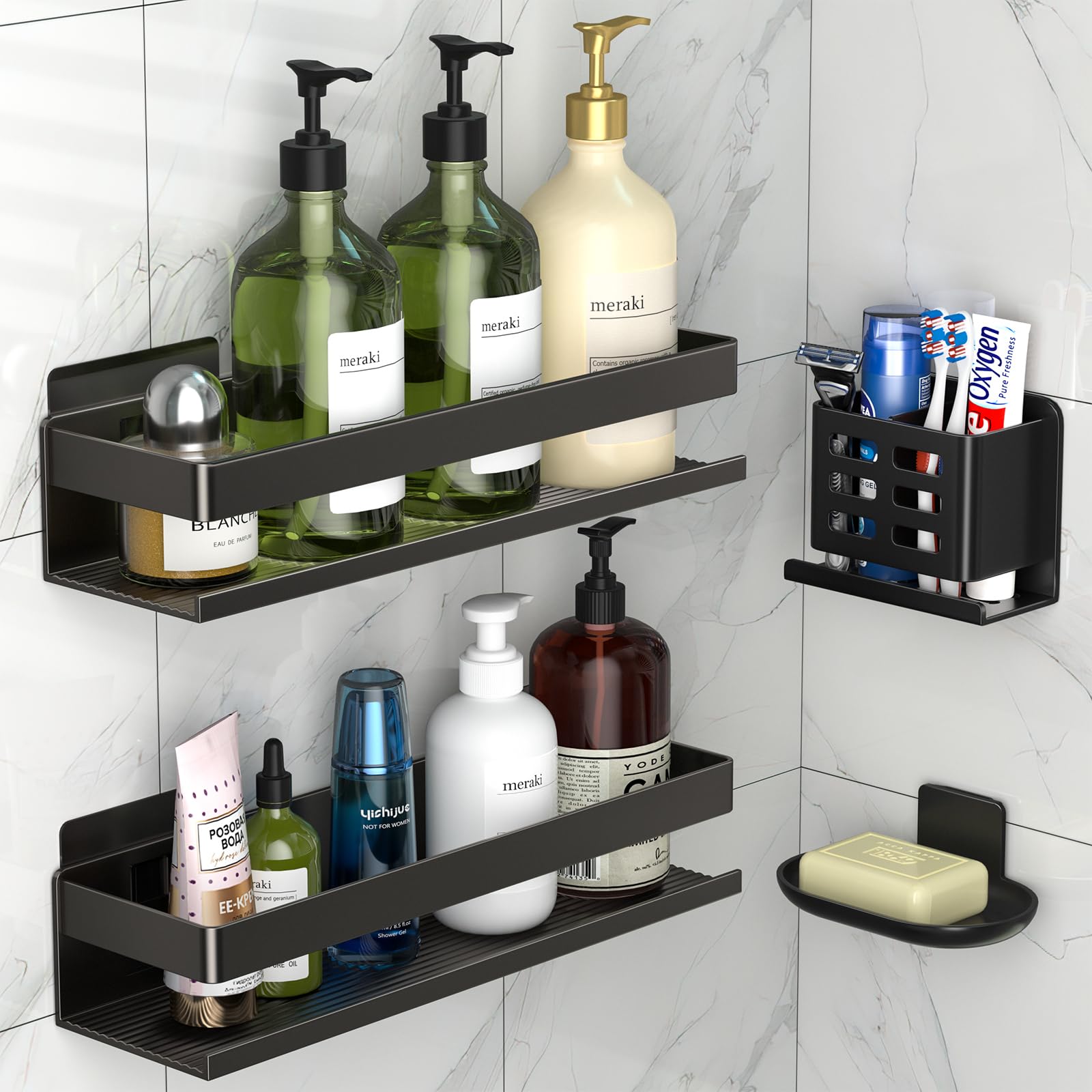YESENT Shower Shelf 4 Pack - Bathroom Shower Shelf Rust-Proof Aluminum Adhesive Installation No Drilling Required, Suitable for Bathroom Storage and Home Decoration